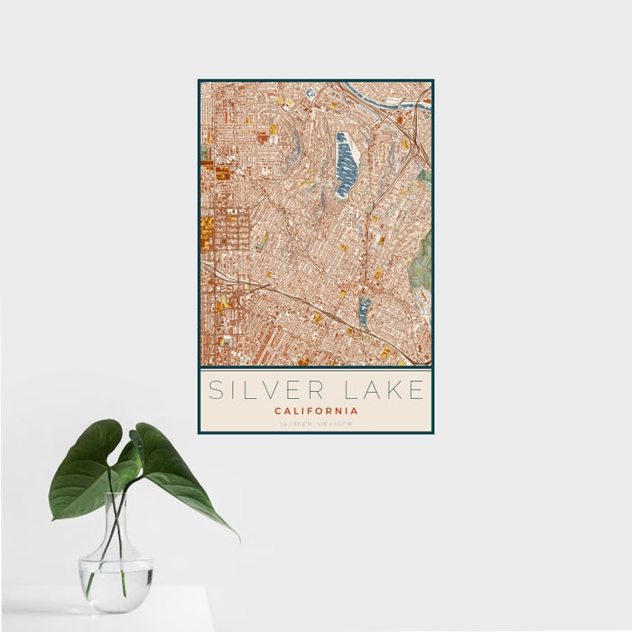 16x24 Silver Lake California Map Print Portrait Orientation in Woodblock Style With Tropical Plant Leaves in Water