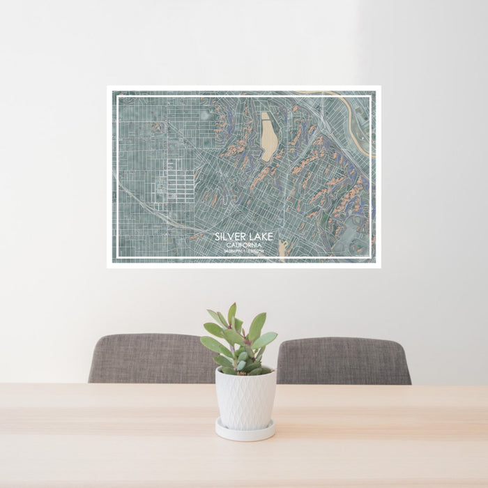 24x36 Silver Lake California Map Print Lanscape Orientation in Afternoon Style Behind 2 Chairs Table and Potted Plant