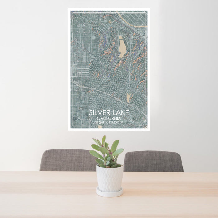 24x36 Silver Lake California Map Print Portrait Orientation in Afternoon Style Behind 2 Chairs Table and Potted Plant