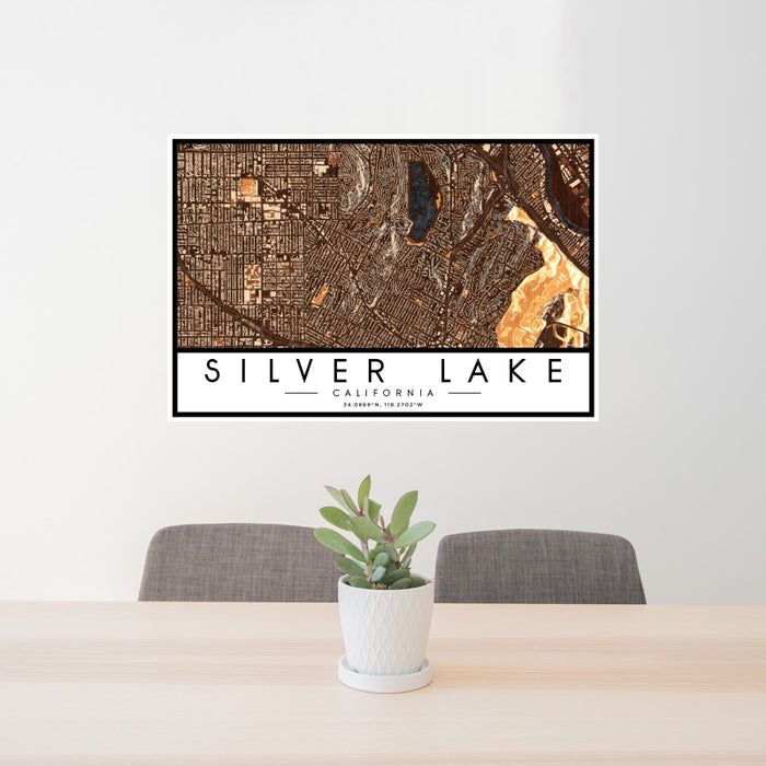 24x36 Silver Lake California Map Print Lanscape Orientation in Ember Style Behind 2 Chairs Table and Potted Plant