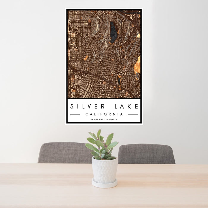24x36 Silver Lake California Map Print Portrait Orientation in Ember Style Behind 2 Chairs Table and Potted Plant