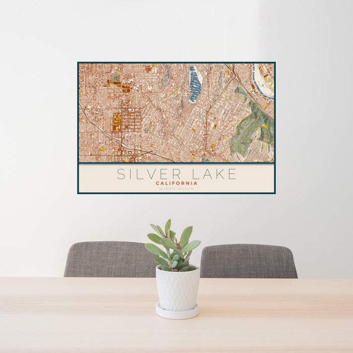 24x36 Silver Lake California Map Print Lanscape Orientation in Woodblock Style Behind 2 Chairs Table and Potted Plant