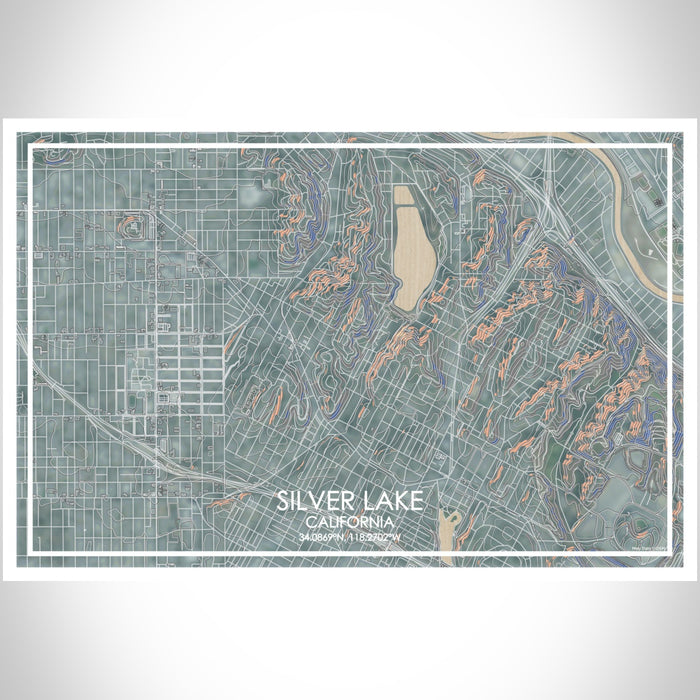 Silver Lake California Map Print Landscape Orientation in Afternoon Style With Shaded Background