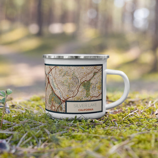 Right View Custom Silver Lake California Map Enamel Mug in Woodblock on Grass With Trees in Background