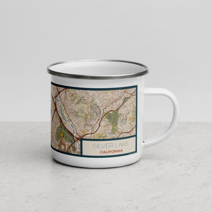 Right View Custom Silver Lake California Map Enamel Mug in Woodblock
