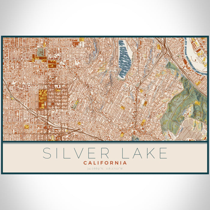 Silver Lake California Map Print Landscape Orientation in Woodblock Style With Shaded Background