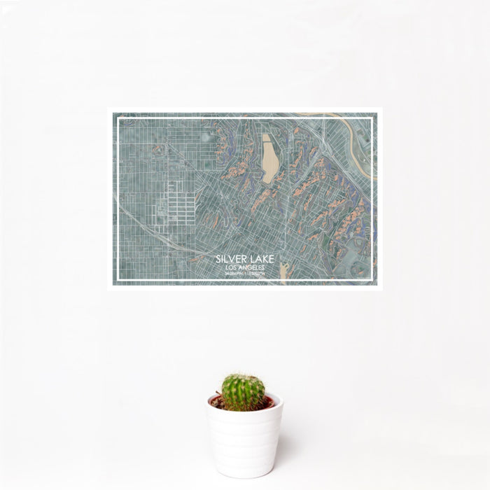 12x18 Silver Lake Los Angeles Map Print Landscape Orientation in Afternoon Style With Small Cactus Plant in White Planter