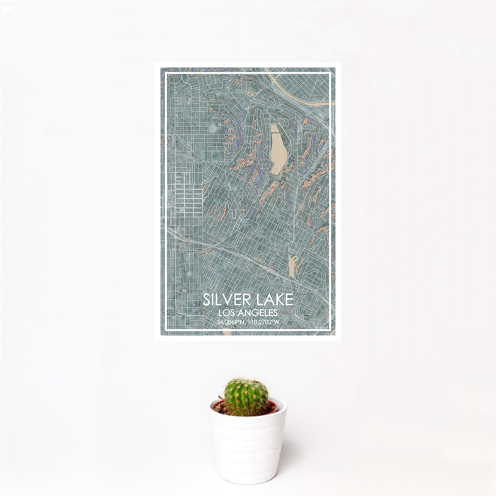 12x18 Silver Lake Los Angeles Map Print Portrait Orientation in Afternoon Style With Small Cactus Plant in White Planter