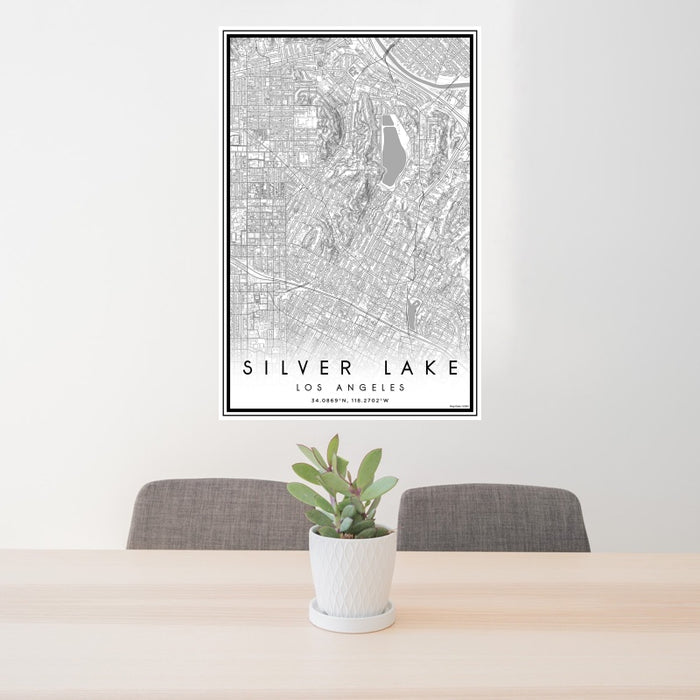 24x36 Silver Lake Los Angeles Map Print Portrait Orientation in Classic Style Behind 2 Chairs Table and Potted Plant