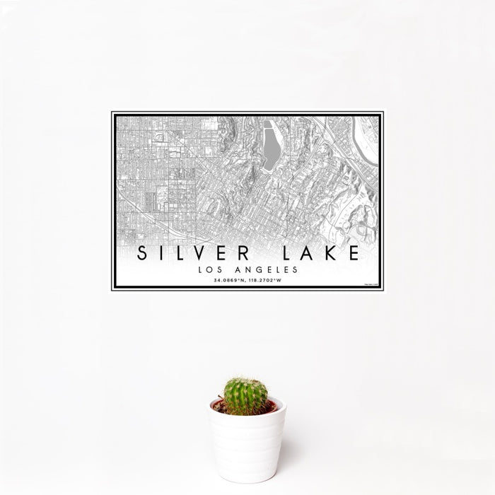 12x18 Silver Lake Los Angeles Map Print Landscape Orientation in Classic Style With Small Cactus Plant in White Planter