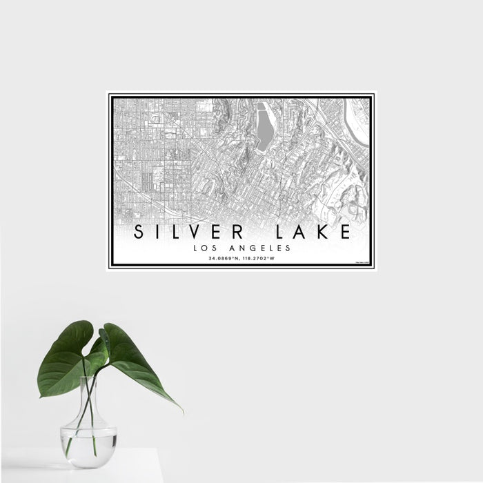 16x24 Silver Lake Los Angeles Map Print Landscape Orientation in Classic Style With Tropical Plant Leaves in Water