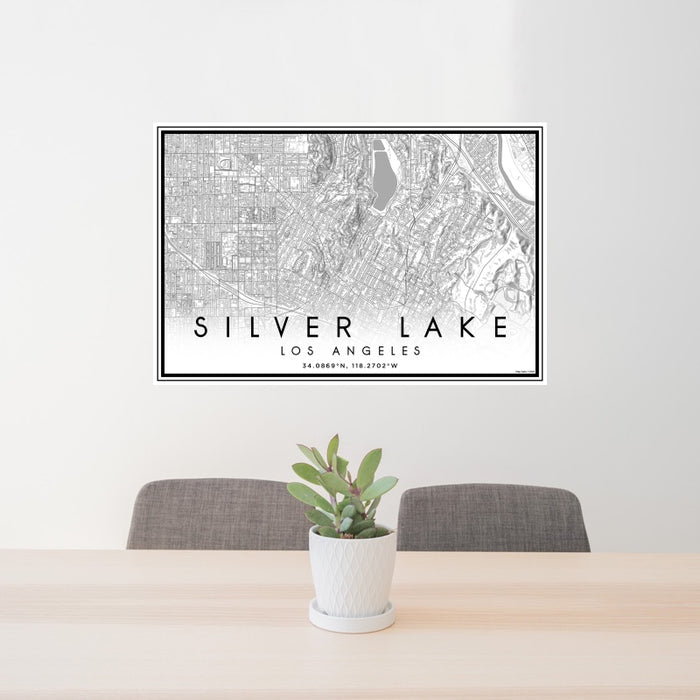 24x36 Silver Lake Los Angeles Map Print Landscape Orientation in Classic Style Behind 2 Chairs Table and Potted Plant