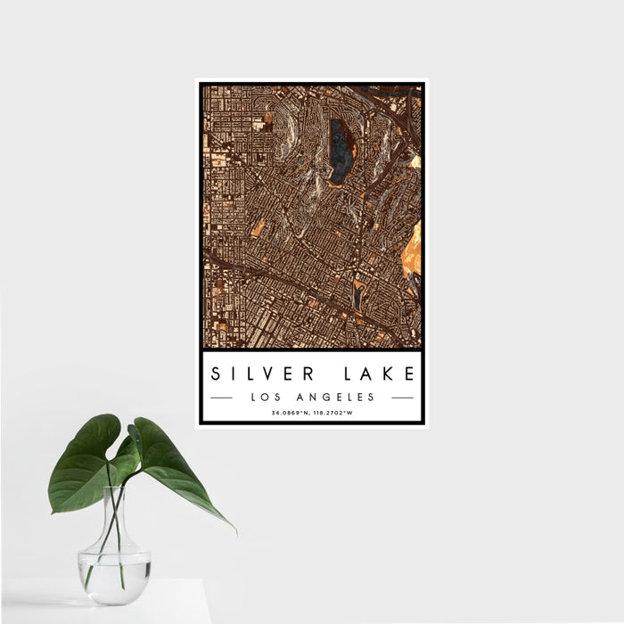 16x24 Silver Lake Los Angeles Map Print Portrait Orientation in Ember Style With Tropical Plant Leaves in Water