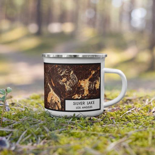Right View Custom Silver Lake Los Angeles Map Enamel Mug in Ember on Grass With Trees in Background