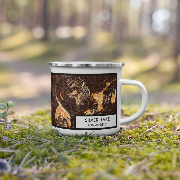 Right View Custom Silver Lake Los Angeles Map Enamel Mug in Ember on Grass With Trees in Background