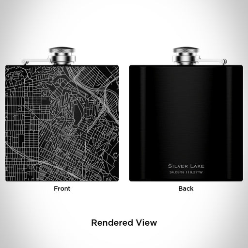 Rendered View of Silver Lake Los Angeles Map Engraving on 6oz Stainless Steel Flask in Black