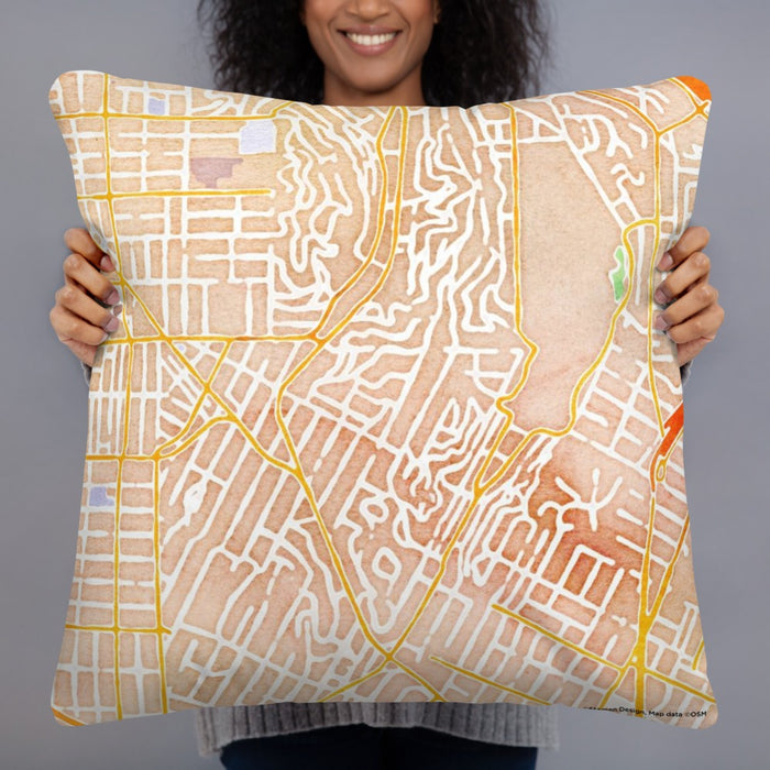 Person holding 22x22 Custom Silver Lake Los Angeles Map Throw Pillow in Watercolor