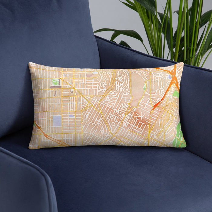 Custom Silver Lake Los Angeles Map Throw Pillow in Watercolor on Blue Colored Chair