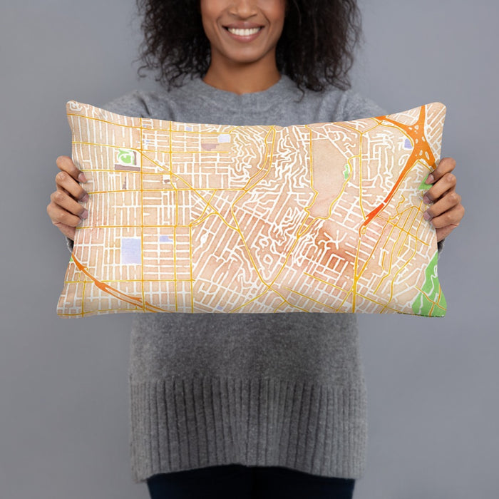 Person holding 20x12 Custom Silver Lake Los Angeles Map Throw Pillow in Watercolor