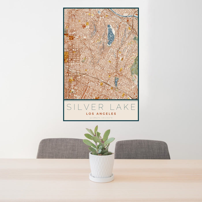 24x36 Silver Lake Los Angeles Map Print Portrait Orientation in Woodblock Style Behind 2 Chairs Table and Potted Plant