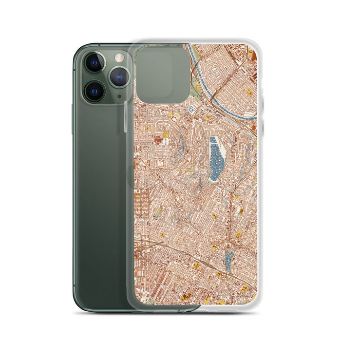 Custom Silver Lake Los Angeles Map Phone Case in Woodblock on Table with Laptop and Plant