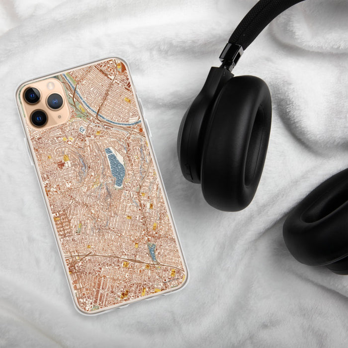Custom Silver Lake Los Angeles Map Phone Case in Woodblock on Table with Black Headphones