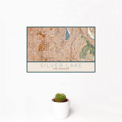 12x18 Silver Lake Los Angeles Map Print Landscape Orientation in Woodblock Style With Small Cactus Plant in White Planter