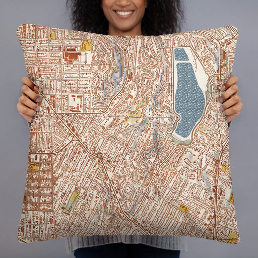 Person holding 22x22 Custom Silver Lake Los Angeles Map Throw Pillow in Woodblock