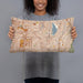 Person holding 20x12 Custom Silver Lake Los Angeles Map Throw Pillow in Woodblock