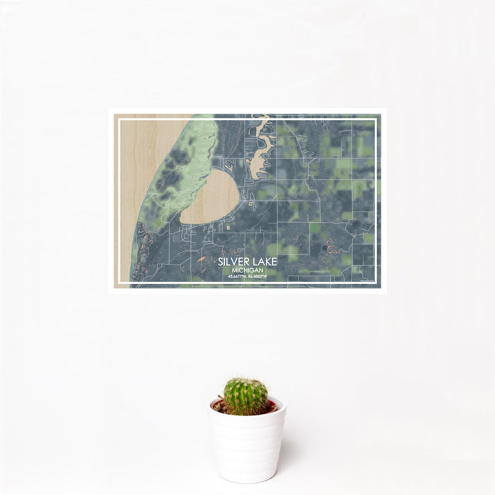 12x18 Silver Lake Michigan Map Print Landscape Orientation in Afternoon Style With Small Cactus Plant in White Planter