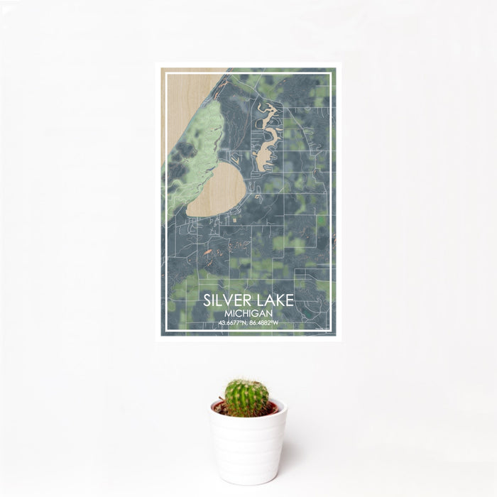12x18 Silver Lake Michigan Map Print Portrait Orientation in Afternoon Style With Small Cactus Plant in White Planter