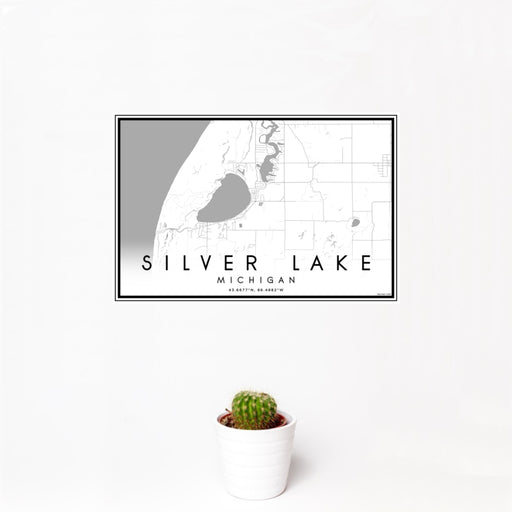 12x18 Silver Lake Michigan Map Print Landscape Orientation in Classic Style With Small Cactus Plant in White Planter