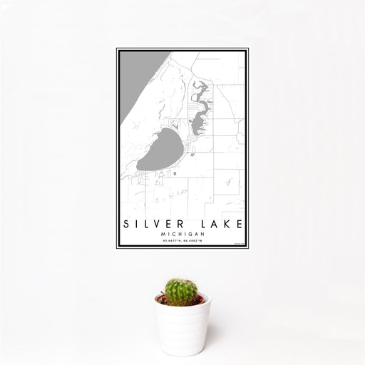 12x18 Silver Lake Michigan Map Print Portrait Orientation in Classic Style With Small Cactus Plant in White Planter
