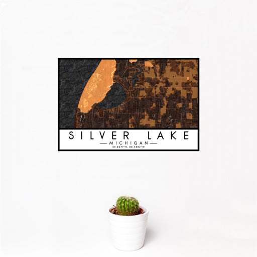 12x18 Silver Lake Michigan Map Print Landscape Orientation in Ember Style With Small Cactus Plant in White Planter