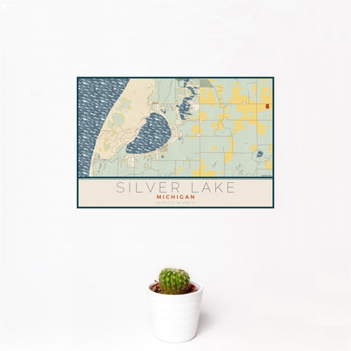 12x18 Silver Lake Michigan Map Print Landscape Orientation in Woodblock Style With Small Cactus Plant in White Planter
