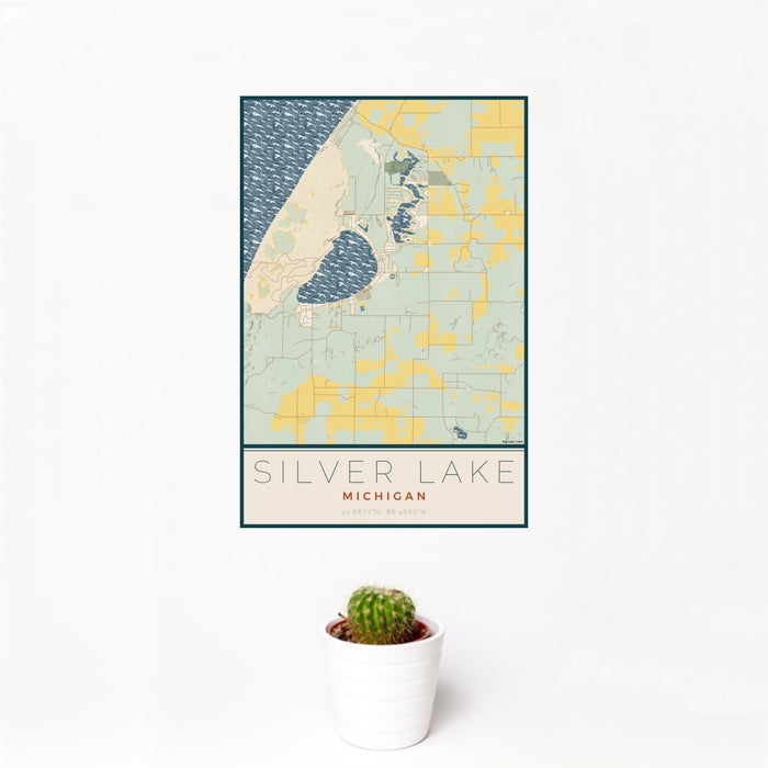 12x18 Silver Lake Michigan Map Print Portrait Orientation in Woodblock Style With Small Cactus Plant in White Planter