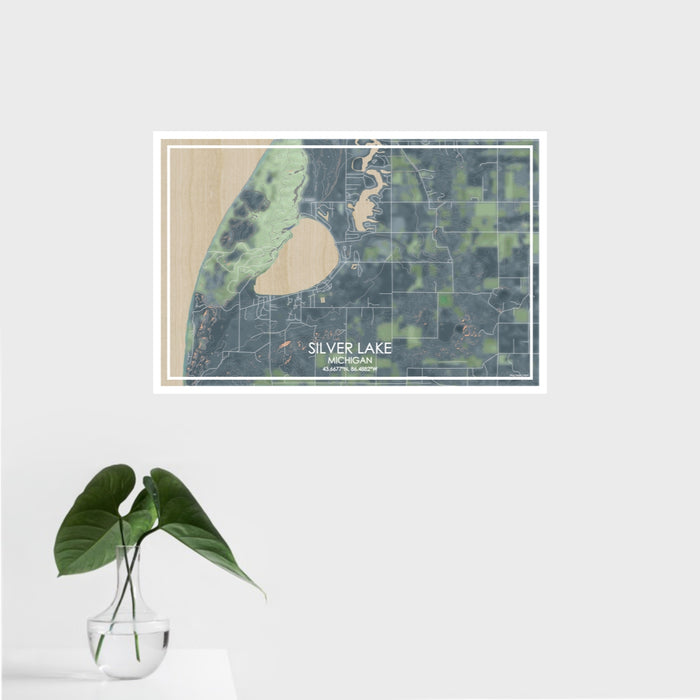 16x24 Silver Lake Michigan Map Print Landscape Orientation in Afternoon Style With Tropical Plant Leaves in Water