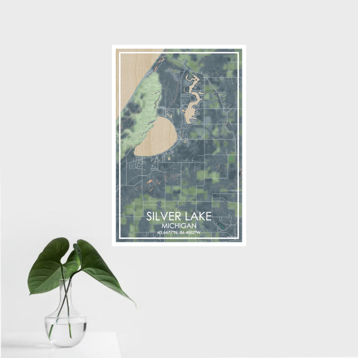 16x24 Silver Lake Michigan Map Print Portrait Orientation in Afternoon Style With Tropical Plant Leaves in Water
