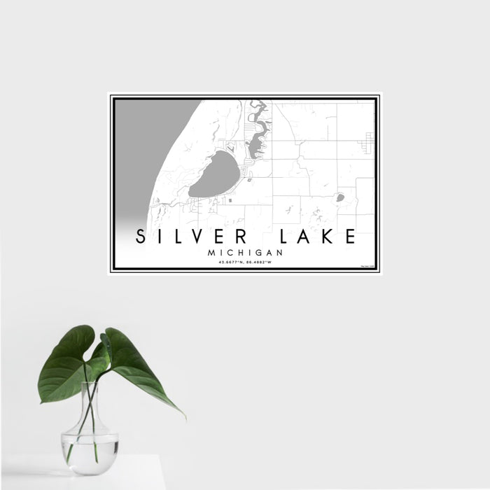 16x24 Silver Lake Michigan Map Print Landscape Orientation in Classic Style With Tropical Plant Leaves in Water