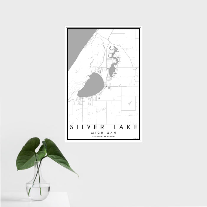 16x24 Silver Lake Michigan Map Print Portrait Orientation in Classic Style With Tropical Plant Leaves in Water