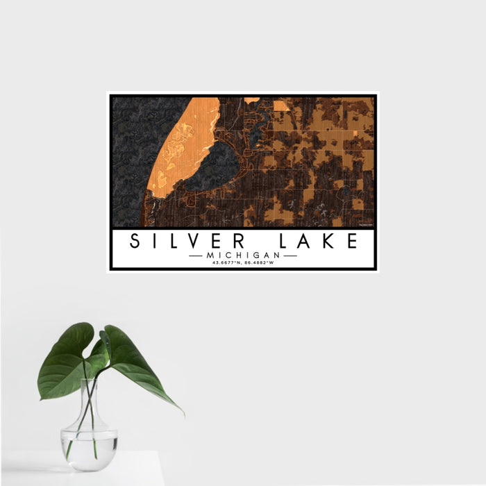 16x24 Silver Lake Michigan Map Print Landscape Orientation in Ember Style With Tropical Plant Leaves in Water