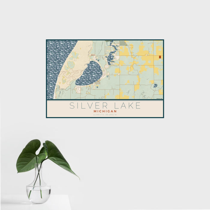 16x24 Silver Lake Michigan Map Print Landscape Orientation in Woodblock Style With Tropical Plant Leaves in Water