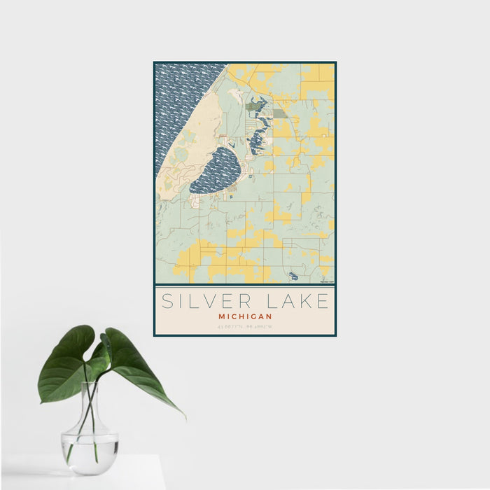 16x24 Silver Lake Michigan Map Print Portrait Orientation in Woodblock Style With Tropical Plant Leaves in Water