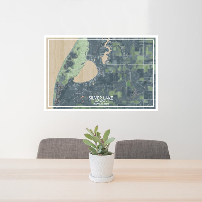 24x36 Silver Lake Michigan Map Print Lanscape Orientation in Afternoon Style Behind 2 Chairs Table and Potted Plant