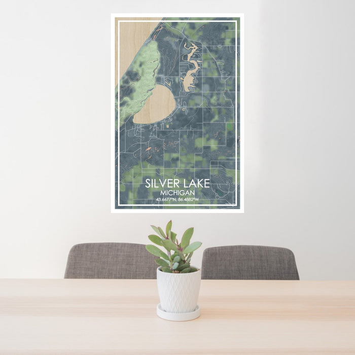 24x36 Silver Lake Michigan Map Print Portrait Orientation in Afternoon Style Behind 2 Chairs Table and Potted Plant