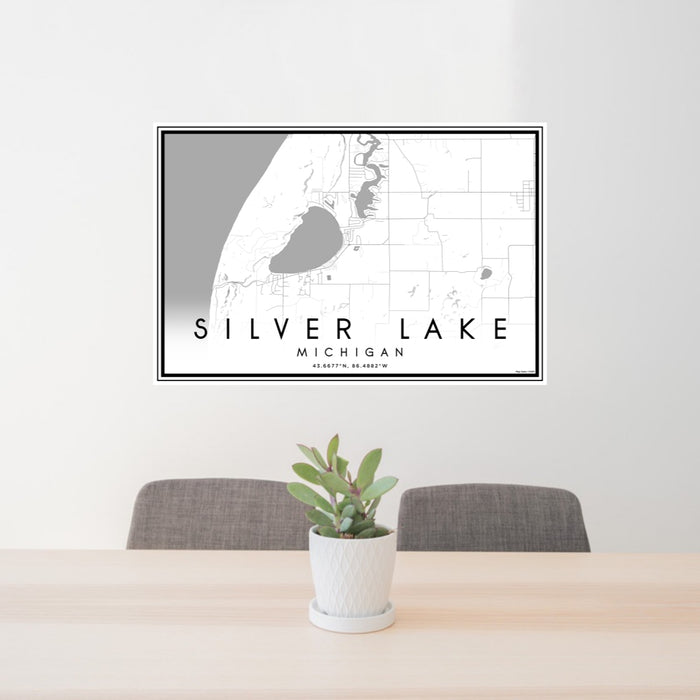 24x36 Silver Lake Michigan Map Print Lanscape Orientation in Classic Style Behind 2 Chairs Table and Potted Plant