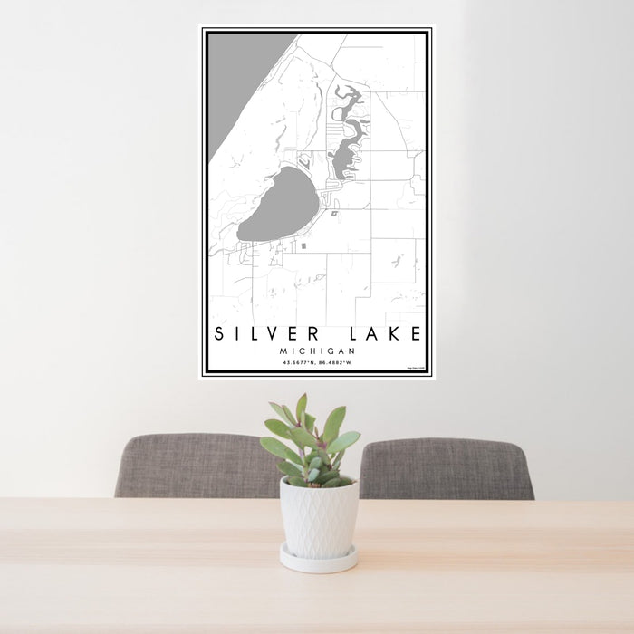 24x36 Silver Lake Michigan Map Print Portrait Orientation in Classic Style Behind 2 Chairs Table and Potted Plant