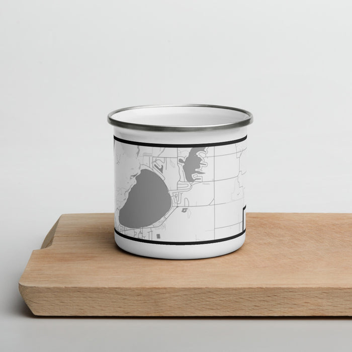 Front View Custom Silver Lake Michigan Map Enamel Mug in Classic on Cutting Board