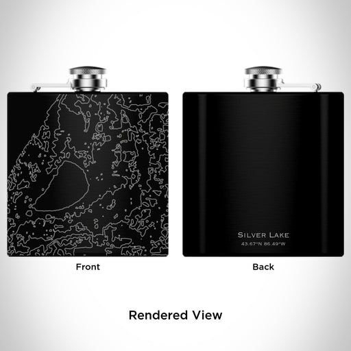 Rendered View of Silver Lake Michigan Map Engraving on 6oz Stainless Steel Flask in Black