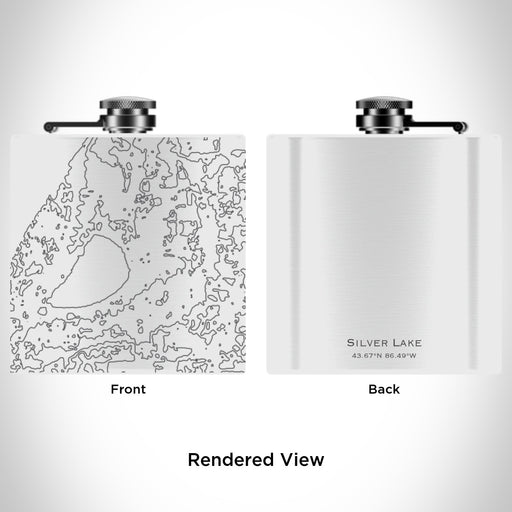 Rendered View of Silver Lake Michigan Map Engraving on 6oz Stainless Steel Flask in White